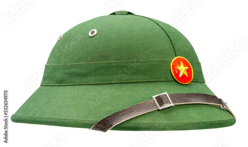 Military classic green helmet with golden star isolated on white background with work path. photo