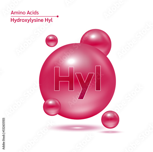 Hydroxylysine amino acid capsules vitamins complex minerals. 3D Model of molecule red isolated on white background. For food supplement ad package design. Science medic concept. Vector EPS10.