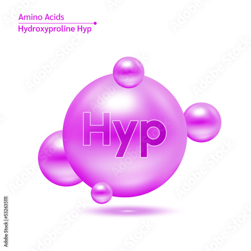 Hydroxyproline amino acid capsules vitamins complex minerals. 3D Model of molecule purple isolated on white background. For food supplement ad package design. Science medic concept. Vector EPS10.