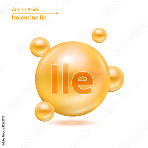 Isoleucine amino acid capsules vitamins complex minerals. 3D Model of molecule orange isolated on white background. For food supplement ad package design. Science medic concept. Vector EPS10.