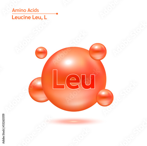 Leucine amino acid capsules vitamins complex minerals. 3D Model of molecule orange isolated on white background. For food supplement ad package design. Science medic concept. Vector EPS10.