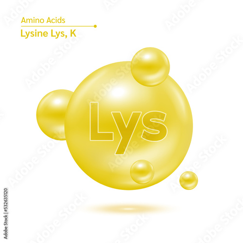 Lysine amino acid capsules vitamins complex minerals. 3D Model of molecule yellow isolated on white background. For food supplement ad package design. Science medic concept. Vector EPS10. photo