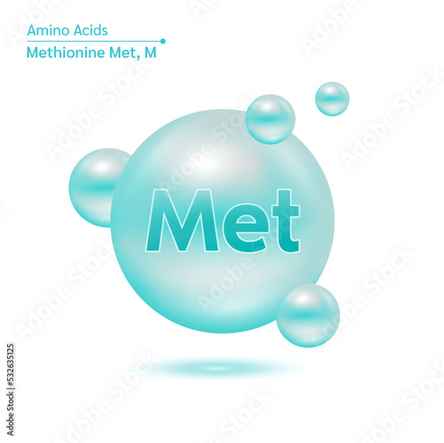 Methionine amino acid capsules vitamins complex minerals. 3D Model of molecule green isolated on white background. For food supplement ad package design. Science medic concept. Vector EPS10.