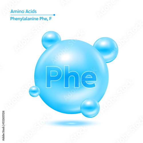 Phenylalanine amino acid capsules vitamins complex minerals. 3D Model of molecule blue isolated on white background. For food supplement ad package design. Science medic concept. Vector EPS10.