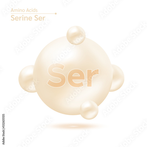 Serine amino acid capsules vitamins complex minerals. 3D Model of molecule cream isolated on white background. For food supplement ad package design. Science medic concept. Vector EPS10.
