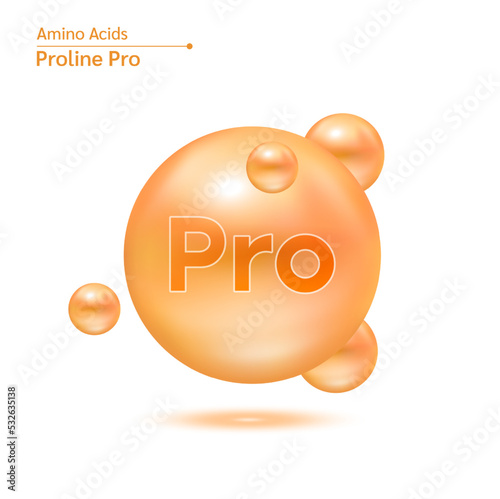 Proline amino acid capsules vitamins complex minerals. 3D Model of molecule orange isolated on white background. For food supplement ad package design. Science medic concept. Vector EPS10.