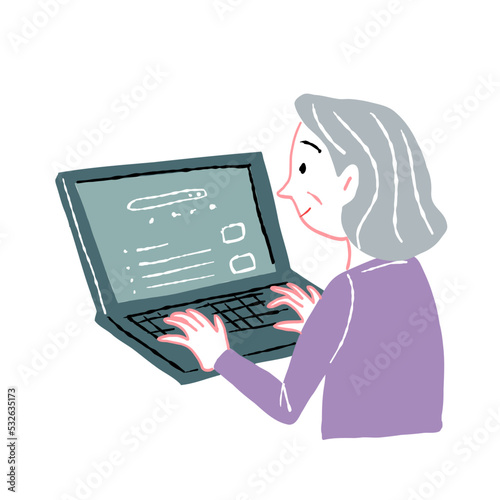 パソコンを操作する老人女性 シニア　イラスト素材