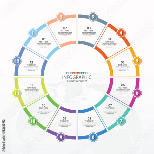 Basic circle infographic with 12 steps, process or options.