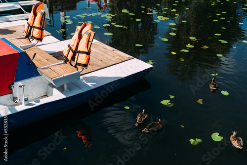 A life jacket on a catamaran.