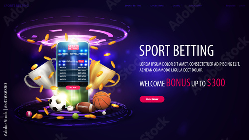Sports betting, welcome bonus, purple web banner with smartphone, champion cups, falling gold coins, sport balls and hologram of digital rings in dark empty scene