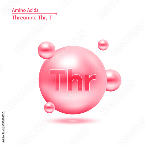 Threonine acid amino capsules vitamins complex minerals. 3D Model of molecule pink isolated on white background. For food supplement ad package design. Science medic concept. Vector EPS10.