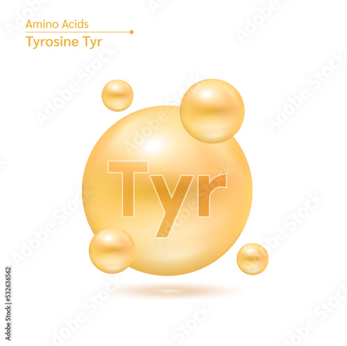 Tyrosine acid amino capsules vitamins complex minerals. 3D Model of molecule orange isolated on white background. For food supplement ad package design. Science medic concept. Vector EPS10.