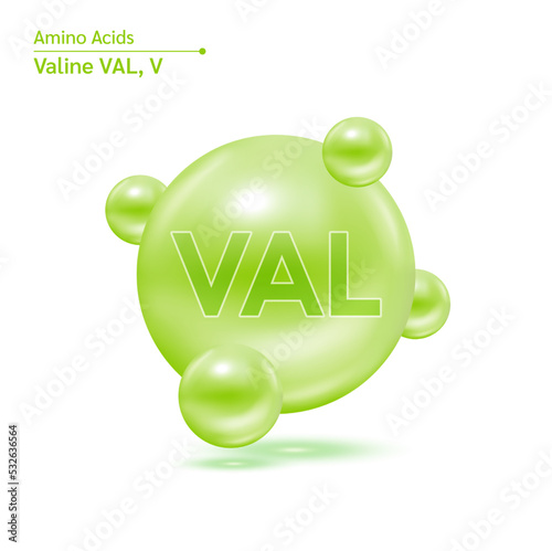 Valine acid amino capsules vitamins complex minerals. 3D Model of molecule green isolated on white background. For food supplement ad package design. Science medic concept. Vector EPS10.