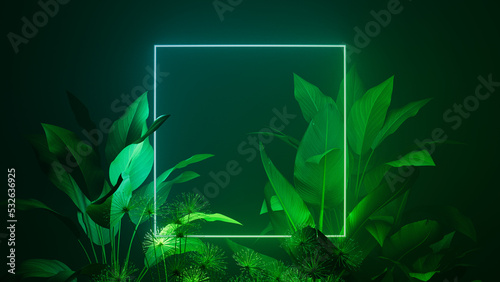 Tropical Plants Illuminated with Green and Blue Fluorescent Light. Nature Environment with Square shaped Neon Frame.