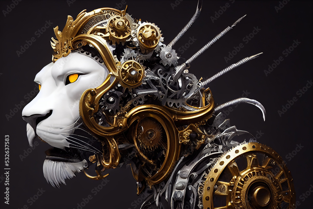 ภาพประกอบสต็อก Сlose-up of futuristic mechanical lion. Abstract lion  portrait. Steampunk style animal. 3d illustration ภาพ | Adobe Stock