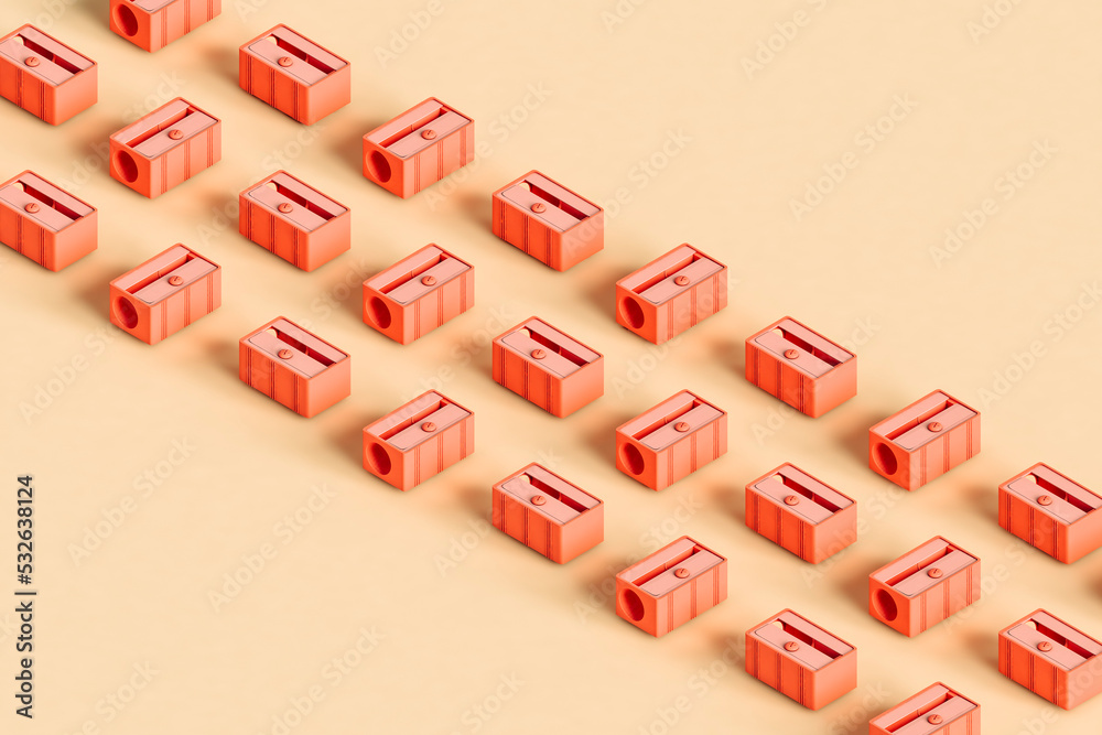 rows of pink pencil sharpener. 3d render rows of pink pencil sharpener. 3d render