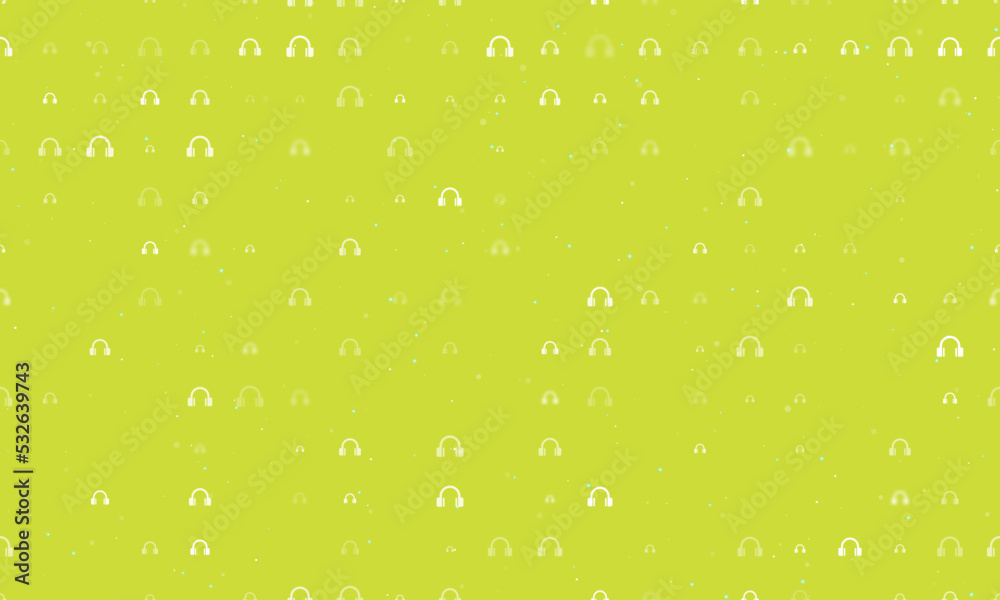 Seamless background pattern of evenly spaced white headphones symbols of different sizes and opacity. Vector illustration on lime background with stars Seamless background pattern of evenly spaced white headphones symbols of different sizes and opacity. Vector illustration on lime background with stars