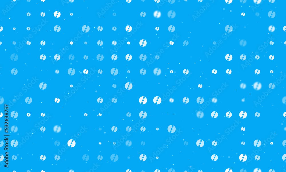Seamless background pattern of evenly spaced white cd symbols of different sizes and opacity. Vector illustration on light blue background with stars