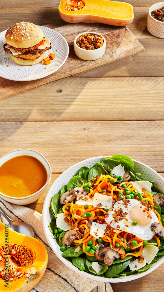 Squash Soup, Salad and Burger
