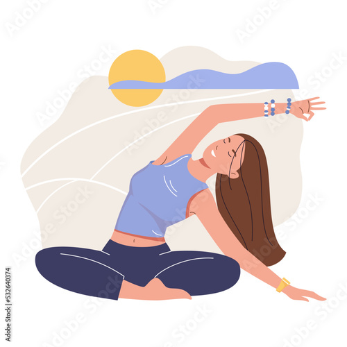 Girl doing yoga. Young woman sitting yoga lotus pose. Meditation. Spiritual practice. Vector illustration