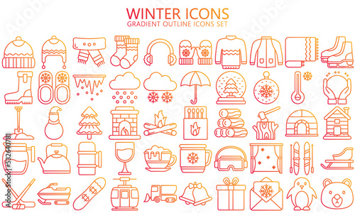 Winter outline icons set. Jackets, sweater, hot drink, winter sport, snow, Christmas, gloves and more. use for modern UI or UX kit, digital banner and app. vector EPS 10 ready convert to SVG.