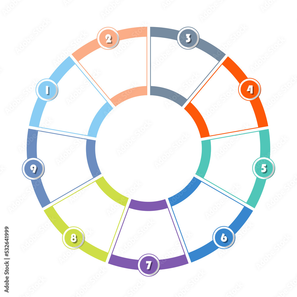 Basic circle infographic with 9 steps, process or options.