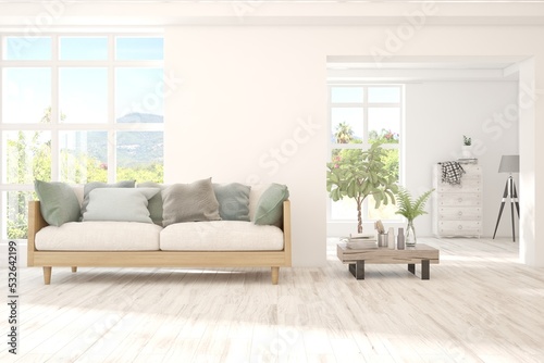 White living room with sofa and summer landscape in window. Scandinavian interior design. 3D illustration
