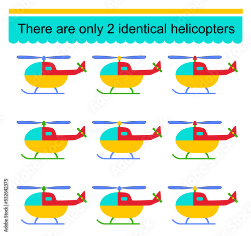 Fun puzzle game for kids. Need to find two identical helicopters. Task for development of attention and logic. Vector.