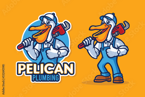Pelican plumber plumbing mascot cartoon character - Stock vector image.