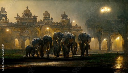 AI generated photo of elephants in front of Mysore palace, India for the occasion of the Hindu festival of Dasara/Dussehra  photo