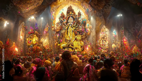Canvas Print AI generated photos of a large pandal for Durga puja in Kolkata, India for the o