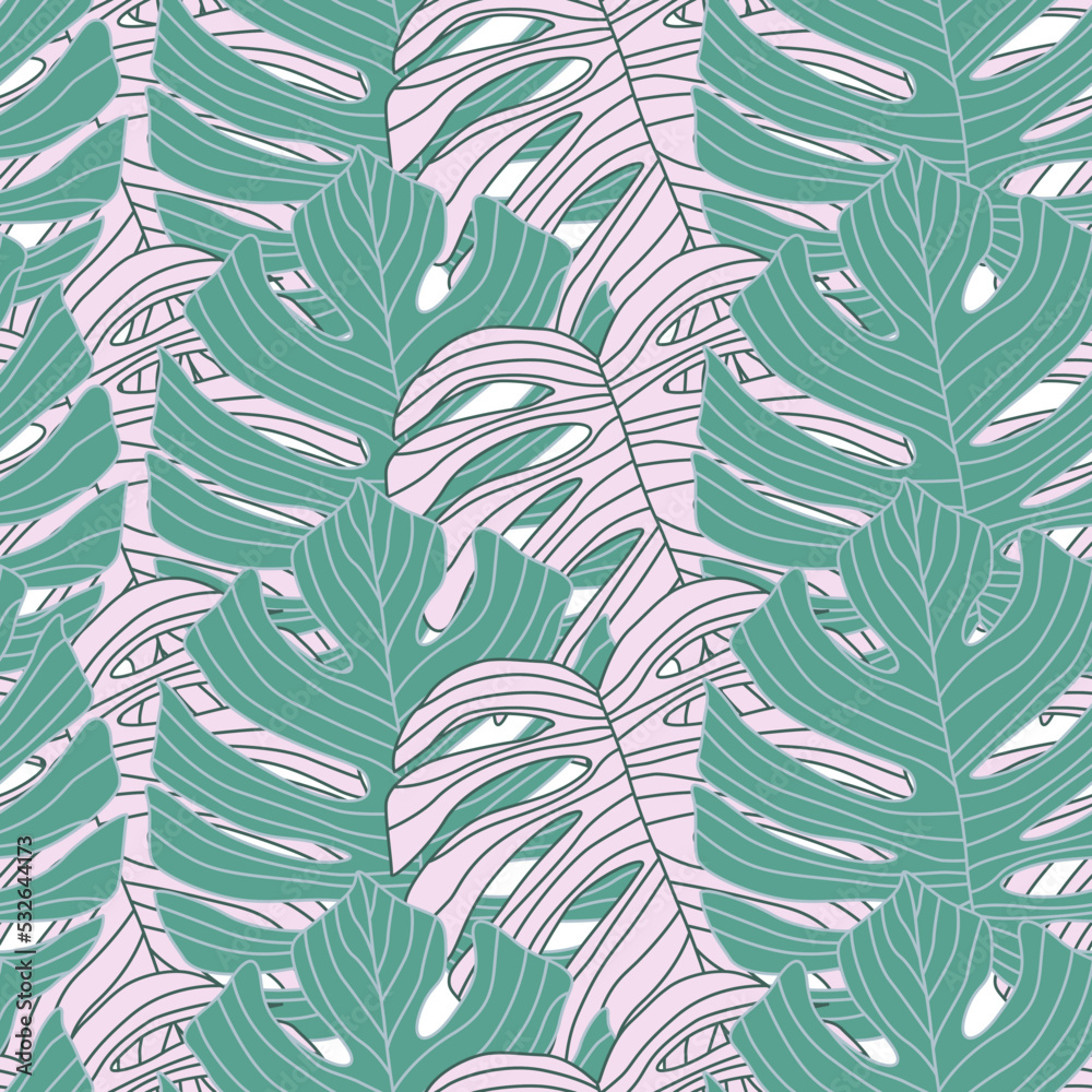 Contoured outline monstera silhouettes seamless pattern. Palm leaves endless background. Botanical wallpaper. Contoured outline monstera silhouettes seamless pattern. Palm leaves endless background. Botanical wallpaper.