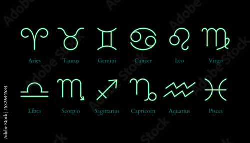 Set of neon zodiac symbols and name photo