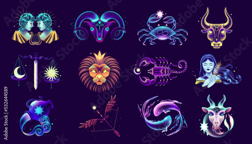 Twelve neon zodiac signs collection
