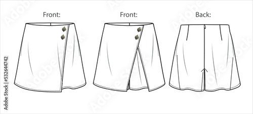Vector mini skirt short fashion, wrapped woman skort with elasticized waistband sketch, template, flat, technical drawing. Jersey or woven fabric skirt template set with front, back view, white color photo