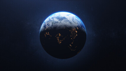 Planet Earth on starry space background, day and night transition.