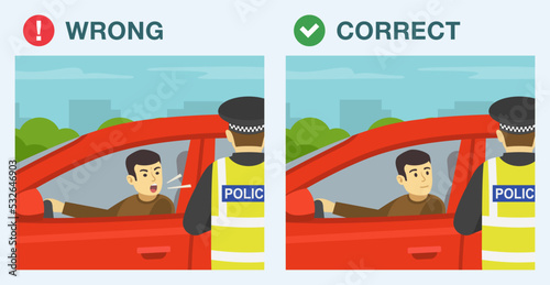 European traffic police officer pulls over a red car. Correct and wrong behavior. Young male driver looking and yelling at police officer. Flat vector illustration template.