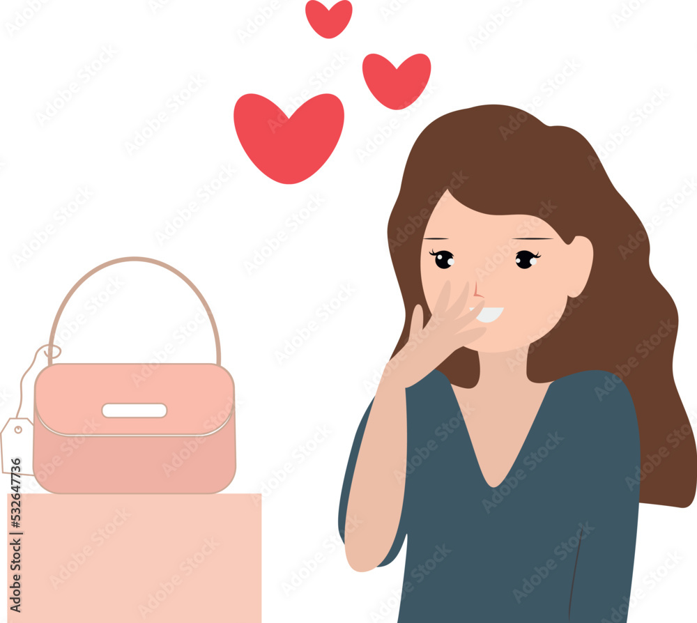 Beautiful young woman in handbag. Fashion online shop lover. Isolated in cute color. Icon with red heart. Confused and happy, She wants to take the bag on discount. Illustration for romantic design. Beautiful young woman in handbag. Fashion online shop lover. Isolated in cute color. Icon with red heart. Confused and happy, She wants to take the bag on discount. Illustration for romantic design.