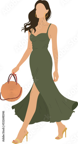 Beautiful young woman is walking with a bag in her hands. Profile vector isolated on white background. Trendy modern wearing stylish outfit walking forward. Long green dress heeled shoes. Stylish offi