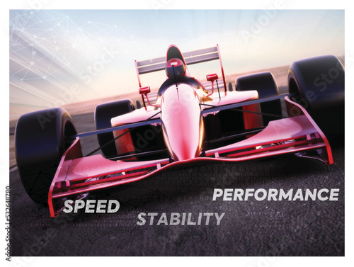 Formula one car poster design for corporate world, ad agency, Marketing presentation etc. Highlighting features like Speed, Performance and Stability.  photo