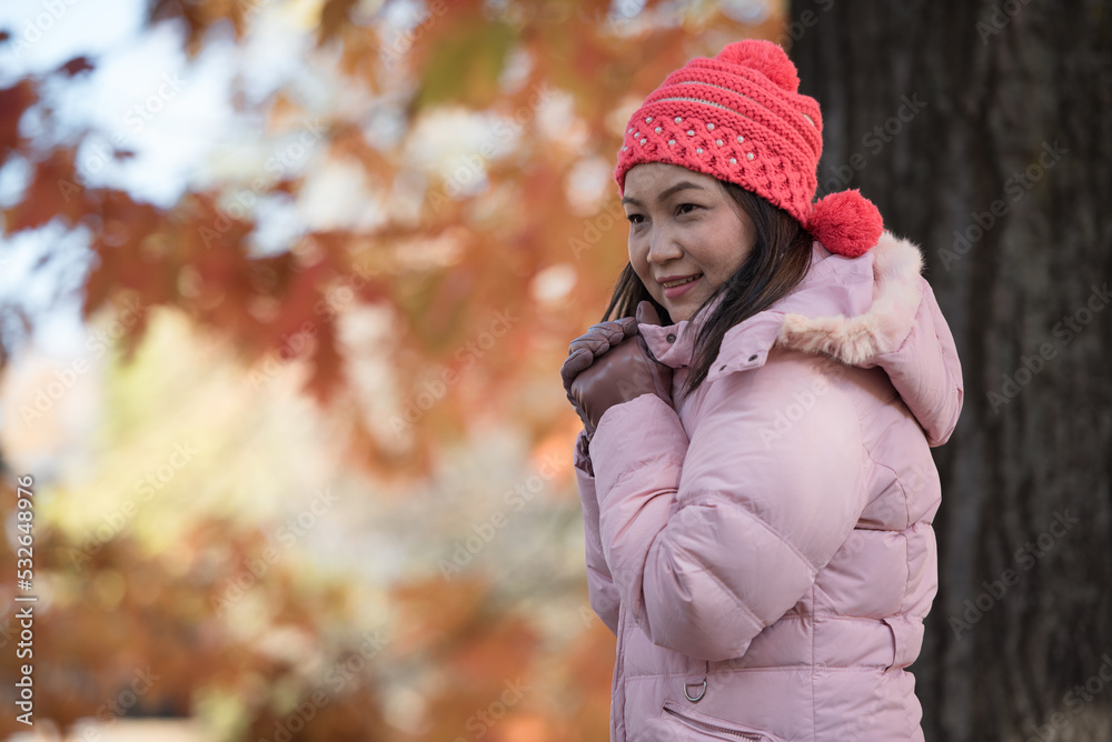 Asia woman feel cold in the park wearing winter accessories, pink sweater, gloves and crochet hats. Asia woman feel cold in the park wearing winter accessories, pink sweater, gloves and crochet hats.