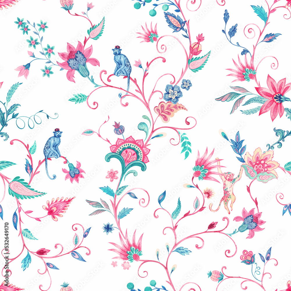 Beautiful seamless floral pattern with hand drawn watercolor abstract flowers in old traditional style with monkey. Stock illustration.