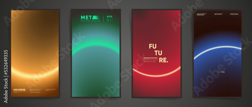 Neon modern art story post design. Social media mobile cover template with cyberpunk blurry laser gradient. Circular radial gradient layout template design set for poster, post and banners. Vector.	