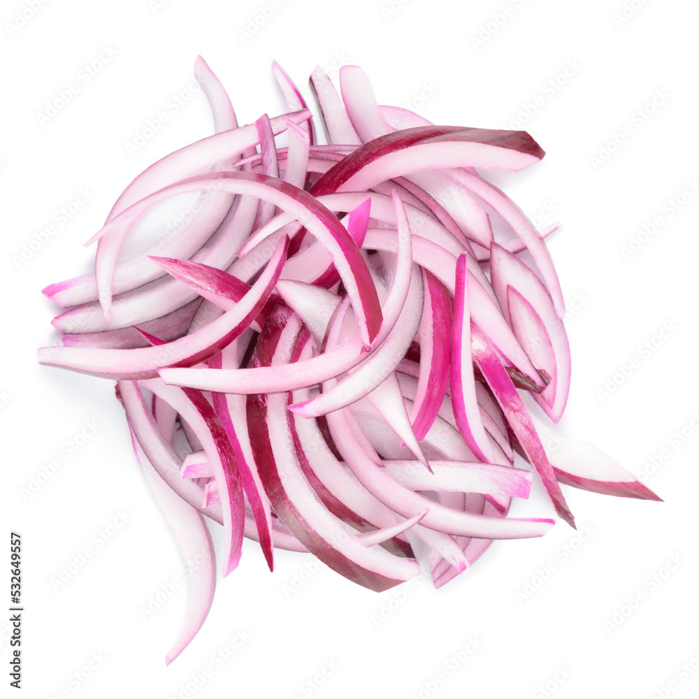 top view of pile vegetables roots of onion stripes ring for salad isolated on white background, concept raw food