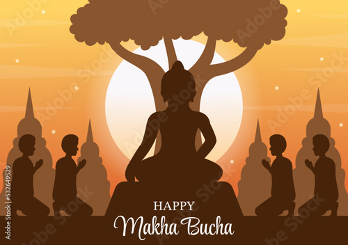 Happy Makha Bucha Day Template Hand Drawn Cartoon Flat Illustration Buddha Sitting in Lotus Flower under Bodhi Tree at Night Surrounded by Monk
