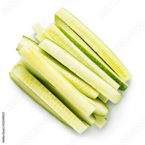 top view of pile vegetable of cucumber chopped stripes isolated on white background, concept of healthy eating