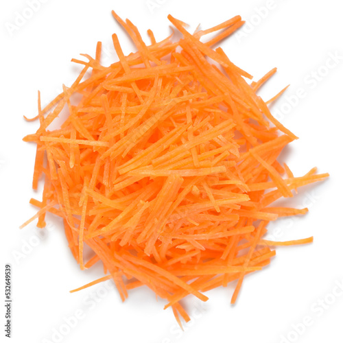 top view of carrots vegetables julienned for salad isolated on white background, concept vegan food