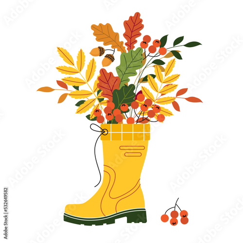autumn postcard with a rubber boot and leaves
