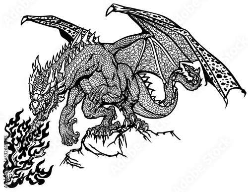 Western Dragon. Classic European mythological creature with bat-type wings standing on the rock and breathing fire. Graphic style isolated vector illustration. Black and white