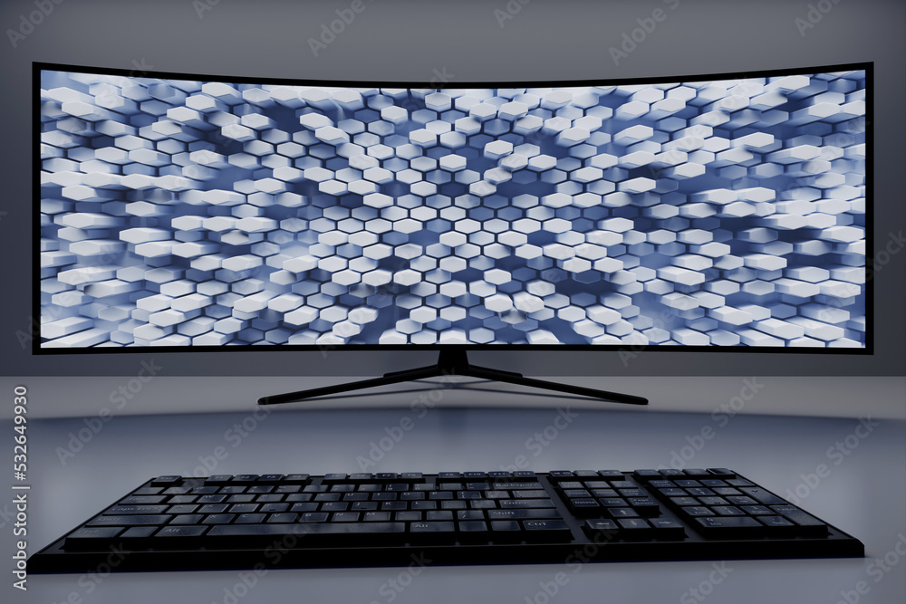 3D illustration monitor with blue screen in black room . Design ...